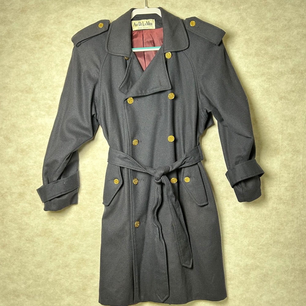 Art De La Mode Double Breasted Wool Trench Coat Belted Gold Buttons Fully Lining